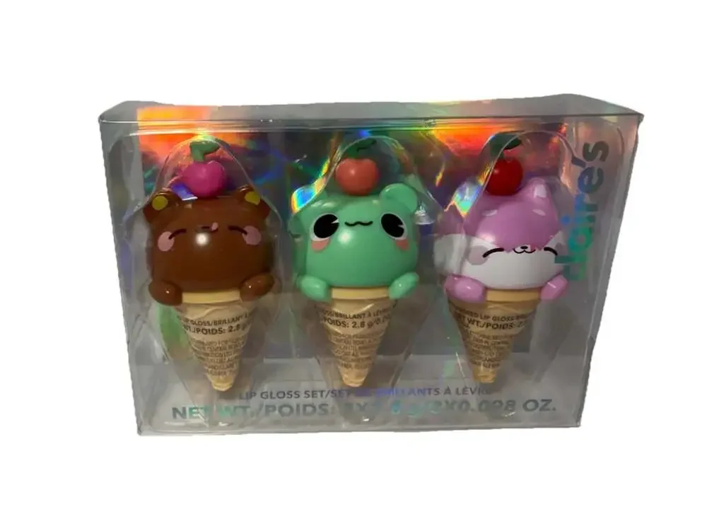 NIB Claire's Ice Cream Lip Gloss 3-Pack BrownBear,MintFrog,LilacCat Fruit Flavor